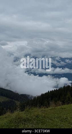 Une vue imprenable depuis le sommet d'une montagne capture un paysage de nuages spectaculaire enveloppant des sommets lointains. Une forêt dense couvre les pentes ci-dessous, offrant une admiration Banque D'Images