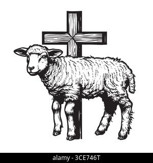 Agneau à la croix. Symbole de la religion. Vector illustration croquis Illustration de Vecteur