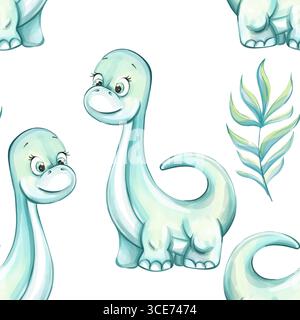 Mignons dinosaures de bande dessinée entourés de feuilles créent un motif sans couture vibrant parfait pour la conception de papier peint et la décoration de chambre d'enfants Illustration de Vecteur