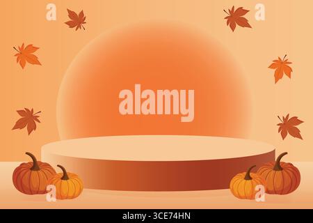 Podium d'automne avec des citrouilles et des feuilles tombantes illustration vectorielle saisonnière. Illustration de Vecteur
