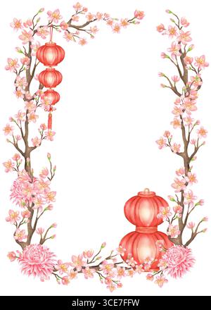Cadre rectangulaire de lanternes chinoises rouges à l'aquarelle, rameaux Sakura et têtes de fleurs de chrysanthème rose. Fleurs roses. Décoration du nouvel an chinois Banque D'Images