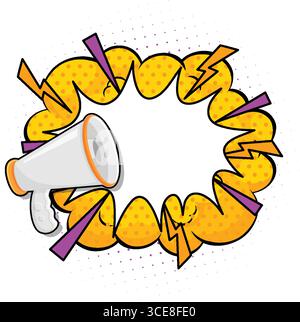 Illustration vectorielle d'un mégaphone à côté d'une bulle de discours de style comique avec des éclairs jaunes, des contours gras et un fond de point de demi-teinte Illustration de Vecteur