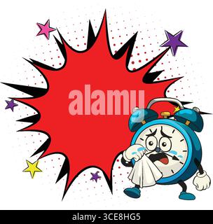 Illustration vectorielle d'un réveil de dessin animé triste essuyant des larmes, placé à côté d'une bulle de discours comique rouge audacieuse et d'étoiles colorées Illustration de Vecteur