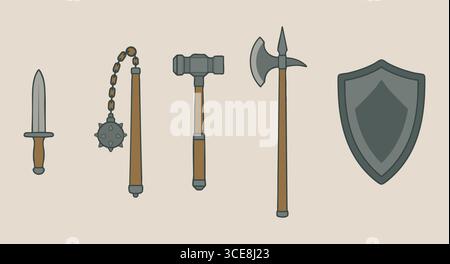 Une exposition horizontale d'armes de mêlée historiques, y compris une hache lourde à lance haute à fléaux à pointes et un bouclier incurvé dessiné avec des tons métalliques discrets. Illustration de Vecteur