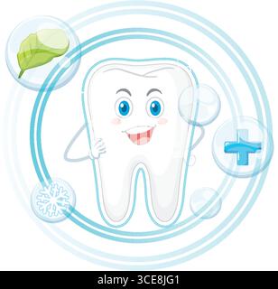Illustration vectorielle d'une dent de bande dessinée joyeuse avec des yeux bleus, entourée de bulles, de feuilles, de croix médicale et d'éléments tourbillonnants dans un style plat Illustration de Vecteur