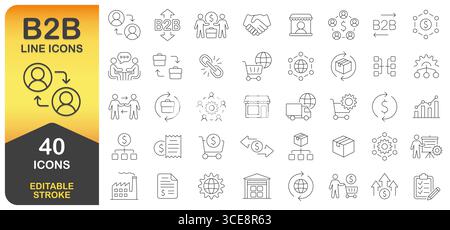 Jeu d'icônes de ligne B2B avec 40 motifs de contour modifiables. Thin Line Icon Collection comprend les symboles Business, Trade, Partnership, Logistics et Finance pour Illustration de Vecteur