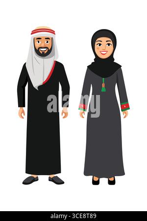 Personnages de dessins animés dans des vêtements arabes traditionnels Illustration de Vecteur
