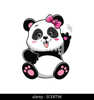 Adorable Cartoon Panda avec arc rose et geste ondulant Illustration de Vecteur