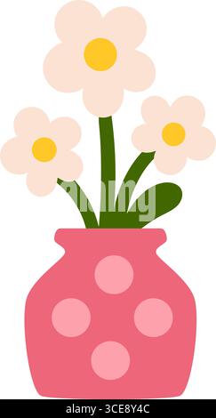Vase rose avec des pois roses et des fleurs blanches. Bouquet floral décoratif dans un style de dessin animé plat. Isolé. Illustration vectorielle stock dans le style de dessin animé plat Illustration de Vecteur