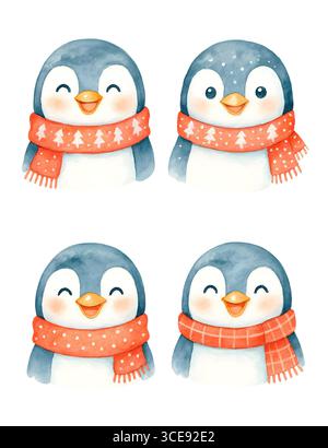 Lot de 4 adorables pingouins de Noël – Collection festive de cliparts hivernaux Banque D'Images