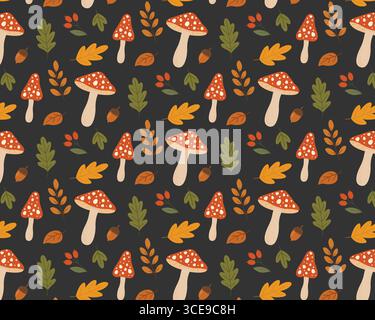 Motif d'automne fait de feuilles, de baies et de champignons. Illustration vectorielle. Illustration de Vecteur