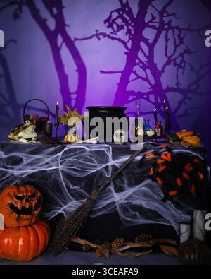 Scène d'Halloween effrayante avec chaudron de sorcière, crâne, potions, citrouilles, toiles d'araignée, balai et décorations sur fond violet. Banque D'Images