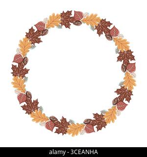 Couronne ronde de feuillage d'automne dans un style saisonnier. Illustration de cadre isolé de vecteur sur fond blanc Illustration de Vecteur
