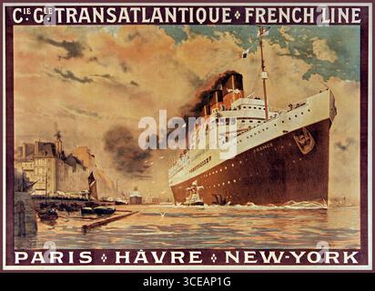 Affiche vintage Cie GLE. Transatlantique, French Line, Paris – le Havre – New York, 1914. Illustré par Albert Sébille (1874-1953). Affiche de voyage maritime française vintage promouvant le transport maritime et le tourisme, publiée à Paris par Champenois. » Affiche de voyage Vintage 1914 French Line par Albert Sébille promouvant des voyages luxueux de paquebots de Paris et le Havre à New York. Œuvre emblématique du tourisme maritime. » L'ère WW1 Banque D'Images