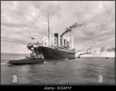 TITANIC 1912 RMS TITANIC VINTAGE POIGNANT HISTORIQUE VOILE somber évocateur lever de soleil image de RMS Titanic les essais en mer de voile qui ont commencé à 6 HEURES le mardi 2 avril 1912, À peine deux jours après la fin de son installation et huit jours avant qu'elle ne quitte Southampton pour son fatidique voyage tragique de jeune fille. Cette photographie évocatrice a été soigneusement restaurée afin de préserver son impact et sa qualité d'origine. Banque D'Images