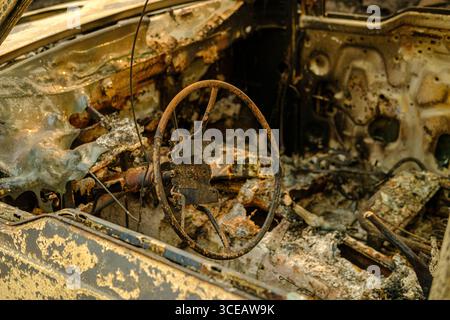 L'intérieur brûlé d'une voiture après un feu de forêt. Concept destruction totale. Banque D'Images