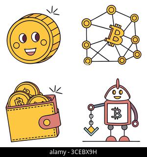 illustration vectorielle présentant la crypto-monnaie, les pièces numériques et un robot convivial Illustration de Vecteur