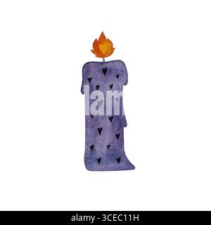 Illustration aquarelle d'une bougie brûlante violette avec un motif de coeur sur un fond blanc. Fantaisiste et magique, parfait pour les dessins fantastiques, Hal Banque D'Images