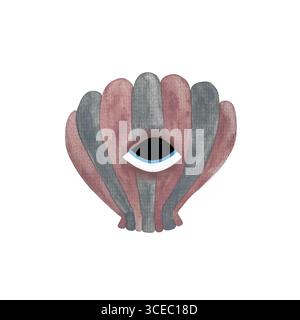 Illustration aquarelle d'un coquillage stylisé dans des tons rose et gris poussiéreux avec un œil, placé sur un fond blanc. Le design évoque le mystère A. Banque D'Images