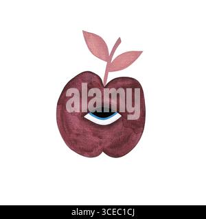 Illustration aquarelle d'une pomme Bordeaux stylisée avec un œil et une feuille rose, placée sur un fond blanc. Le design allie surréalisme et e. Banque D'Images