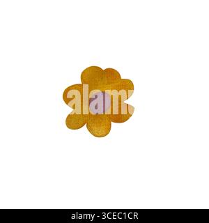 Illustration aquarelle d'une fleur stylisée avec un centre rose et des pétales jaunes sur fond blanc. Ce design vibrant et gai combine b Banque D'Images