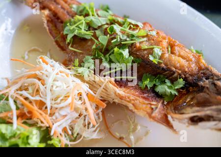Bar frit avec sauce de poisson servi dans une assiette Banque D'Images