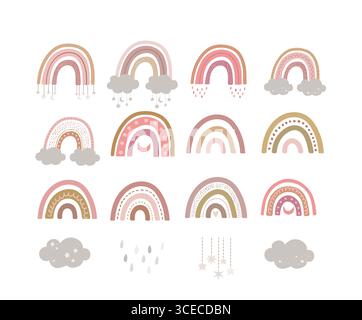 Ensemble vectoriel plat d'arcs-en-ciel boho et de nuage isolé sur fond blanc. Décorations scandinaves pour bébé de pépinière. Collection d'arc de couleur dessinée à la main. Cartoo Illustration de Vecteur