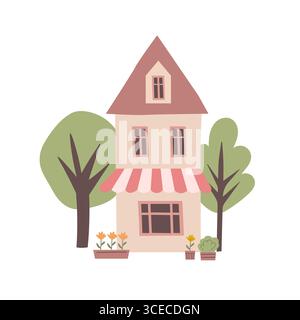 Bâtiment central de café. Terrasse d'été, affiche du restaurant. Fond architectural mignon. Illustration vectorielle plate Illustration de Vecteur