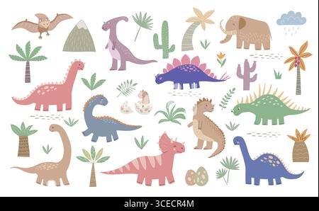 Ensemble d'illustrations de dinosaures mignons et de plantes tropicales isolées sur fond blanc. Collection de dessins animés préhistoriques de lézard avec des éléments floraux. Main Illustration de Vecteur