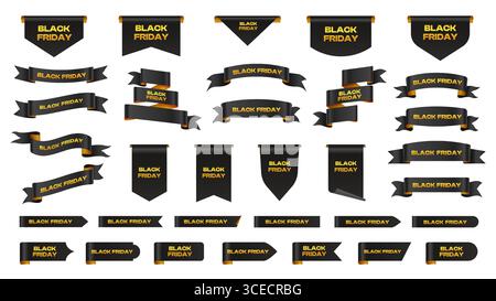 Étiquette ruban Black friday. Autocollant de prix d'offre spéciale, marque-page de boucle de coin avec texte doré Black Friday, forme d'étiquette de réduction de vente pour le shopping Illustration de Vecteur