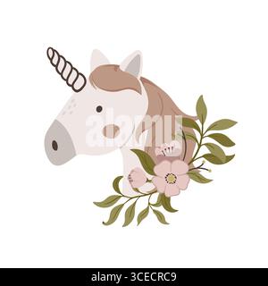 Visage de licorne mignon dessiné à la main. Corne magique avec illustration vectorielle d'éléments floraux. Design pour les enfants affiches, cartes, imprimés d'art mural et vêtements. Illustration de Vecteur