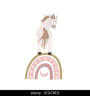 Licorne magique dessinée à la main sur arc-en-ciel isolé sur fond blanc. Illustration vectorielle de corne mignonne. Affiche de bande dessinée enfantine avec animal de conte de fées, invita Illustration de Vecteur