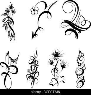 Ensemble de tatouages floraux élégants et dynamiques : formes abstraites en mouvement, calligraphie expressive et coups de pinceau minimalistes. Caractéristiques élégantes, allongées Figu Illustration de Vecteur