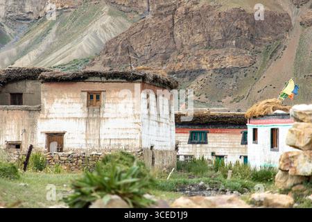 Les maisons traditionnelles avec des toits plats et des matériaux naturels se trouvent typiquement dans la vallée de Spiti, en Inde, entourées de montagnes escarpées et de notes de végéta vert Banque D'Images