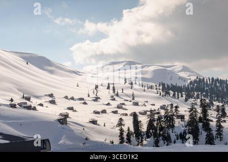 Un magnifique paysage hivernal en Géorgie avec des montagnes enneigées parsemées de cabanes en bois pittoresques. Les grands pins ajoutent du contraste au pur whi Banque D'Images
