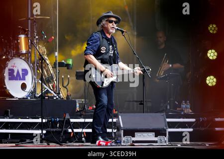 Musiker Wolfgang Niedecken mit der Band BAP BEI seinem Konzert auf der Bühne des Bonner KunstRasen. Der KunstRasen in Bonn ist eine sommerliche Konzertreihe mit Open-Air-Konzerten nahe des Rheinufers. Bonn, 16.08.2025 NRW Deutschland *** musicien Wolfgang Niedecken avec le groupe BAP à son concert sur la scène de la pelouse artistique de Bonn la pelouse artistique de Bonn est une série de concerts d'été avec des concerts en plein air près des rives du Rhin Bonn, 16 08 2025 NRW Allemagne Copyright : xChristophxHardtx Banque D'Images