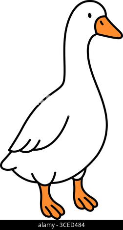 Oie blanche. Oiseau de ferme de style dessin animé avec contour noir et pieds orange Illustration de Vecteur