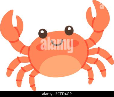 Crabe mignon au visage souriant. Illustration d'animaux marins vectoriels plats parfaite pour les enfants sur le thème de l'océan Illustration de Vecteur