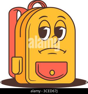 Mascotte de sac à dos d'école de dessin animé avec les yeux somnolents à moitié fermés, les sourcils levés et une bouche froncée montrant le désintérêt ou l'ennui. Idéal pour l'école-re Illustration de Vecteur