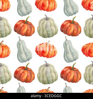 Modèle sans couture de diverses citrouilles. Ingrédient alimentaire naturel. Illustration aquarelle de légumes, dessinés à la main, isolés. Fond pour tissu Banque D'Images