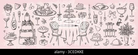 Croquis alimentaire. Doodle vin italien, coupe de champagne ou dîner, cocktail. Bouteille pour restaurant. Éléments de fête de mariage. gâteau et verre avec champagne. Illustration isolée des griffonnages vectoriels Illustration de Vecteur