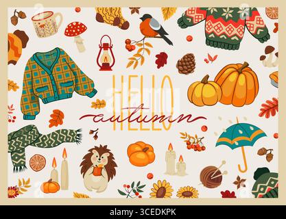 Ensemble d'automne mignon. Chandail confortable, récolte de citrouilles et animaux forestiers, lettrage de carte d'automne bonjour ou d'affiche, conception de fond. champignons et feuilles jaunes. Illustration isolée de style plat de dessin animé vectoriel Illustration de Vecteur