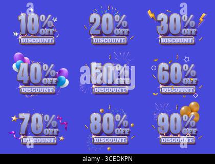 Nombres 3D. Police solde. Pourcentage de réduction sur les achats. Ballon volant et feu d'artifice. Alphabet pour anniversaire ou offre joyeux anniversaire. Formes de signes numériques. Texte promotionnel de la boutique. Prix vectoriel hors icônes définies Illustration de Vecteur