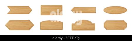 Cadre en bois. Panneau de signe en bois, plaque de jeu 3D ou panneau de signe vierge de différentes formes. Étiquette de barre à ongles, panneau d'affichage du nom de la ferme. bannières vierges rondes et carrées, modèles de conception. Jeu d'icônes réaliste vectoriel Illustration de Vecteur