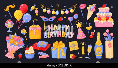Fête d'anniversaire. Joyeux doodle célébrer, joli cadeau rétro ou invitation surprise cool. Pâtisserie d'anniversaire sucrée. Présentez des boîtes, un gâteau avec des bougies et des fleurs. Ensemble d'illustrations isolées à plat de dessin animé vectoriel Illustration de Vecteur