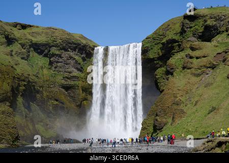 Islande, sud de l'Islande, Vik. Skógafoss, l'une des plus grandes cascades d'Islande, avec une chute de 60 mètres. Touristes devant la cascade. Banque D'Images