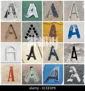 Collection de 16 lettres majuscules san serif A prises dans les rues urbaines Banque D'Images
