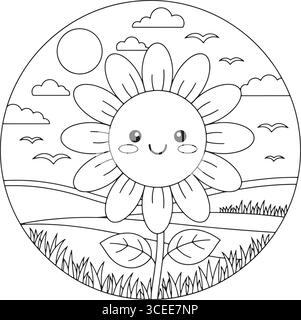 Tournesol souriant dans un champ avec des oiseaux et la page de coloration du soleil Illustration de Vecteur