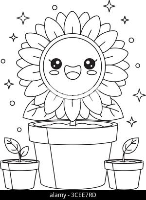 Joli personnage de tournesol dans un pot avec des plants sur fond blanc Illustration de Vecteur