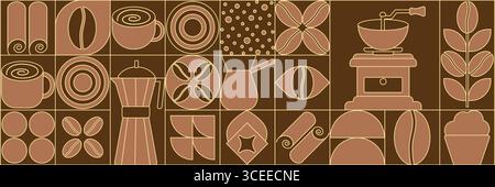 Motif de café géométrique dans un style minimaliste. Fond d'impression abstrait avec des formes simples pour café, emballage alimentaire, mur de café, menu. Illustration de bloc sur le thème du café avec des grains de café, des tasses et d'autres éléments connexes Illustration de Vecteur